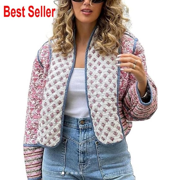 Jackets & Blazers - Cropped Floral Puffer Jacket Lightweight Quilted Open Front Chic Cardigan